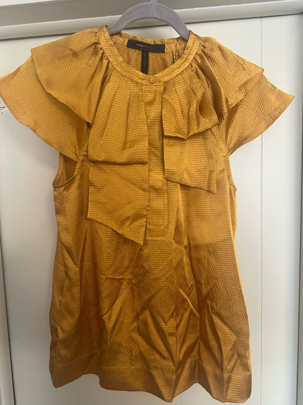 BCBGMaxAzria Mustard Yellow Ruffle-Yoke Sleeveless Top